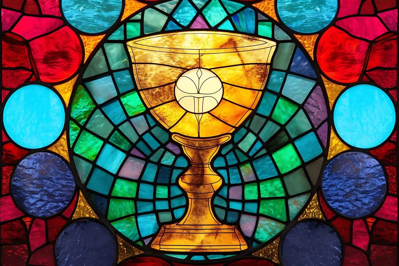 Religiöse Szene der Heiligen Kommunion, dargestellt auf farbigem Buntglas.